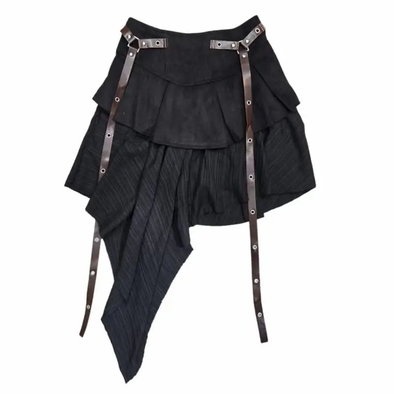 Retro Spliced Denim Pleated Skirt for Women Summer New Temperament Hot Girl Fashionable High Waist A-line Skirt