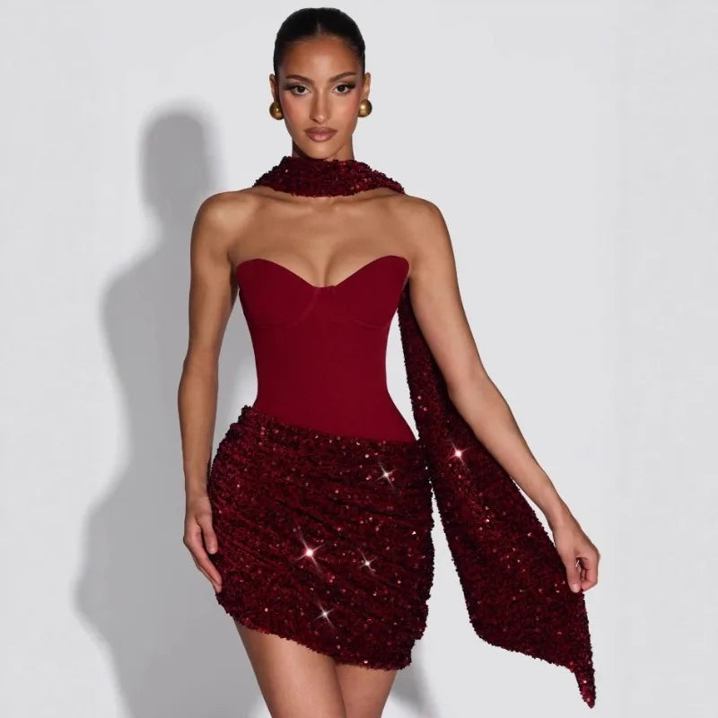 Temperament Beveled Edge with Scarf Splicing Tube Top Spice Girl Dress