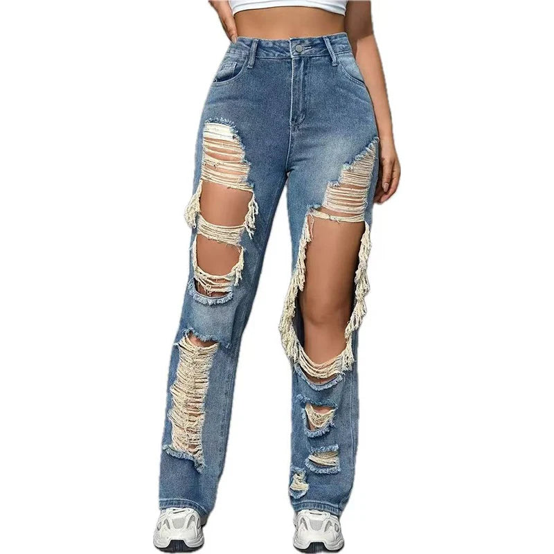 Y2K American Retro Jeans 2026 Light Washed Ripped Denim Pants High Waist Baggy Straight Leg Autumn Trend