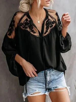 Women's Shirt White Lace Patchwork Loose V-Neck Large Size Sexy Long Sleeve Street Fashion Casual Top Blouses for Female