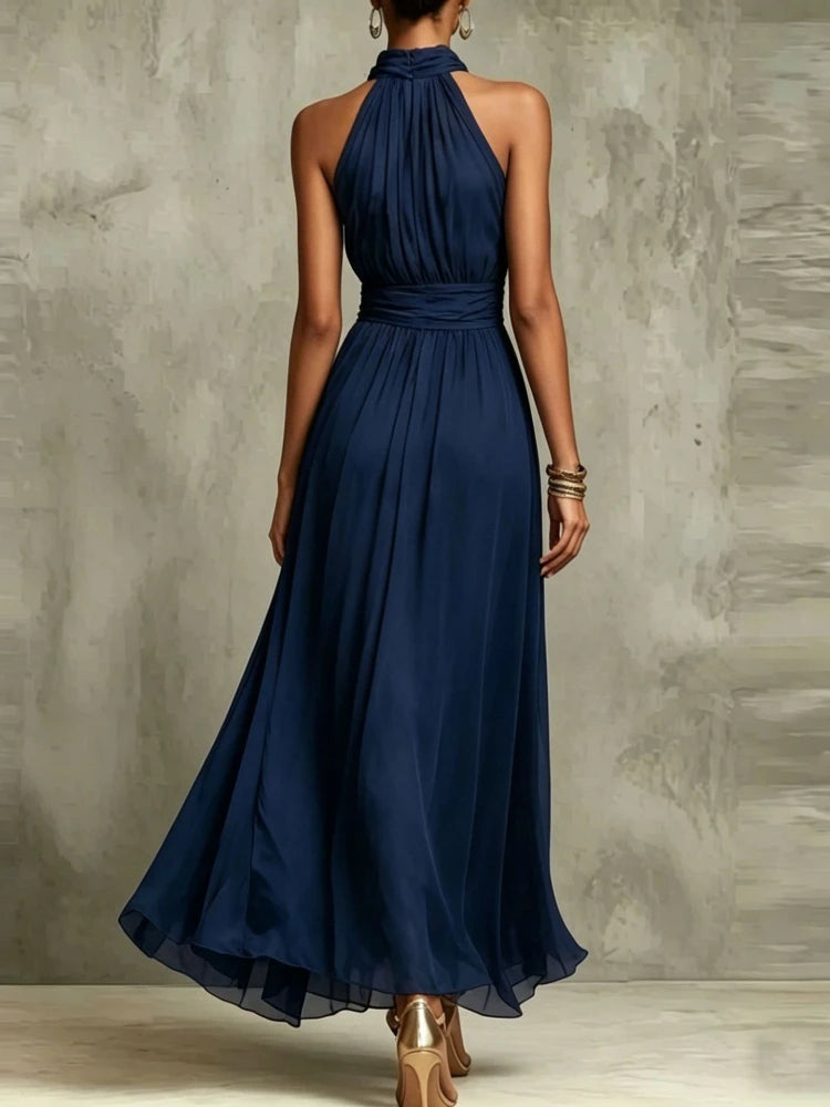 Elegant Chiffon Dress 2026 Fashion New Women Solid Halter Maxi Dress Sleeveless High Neck Ruched Waist Evening Party Dress