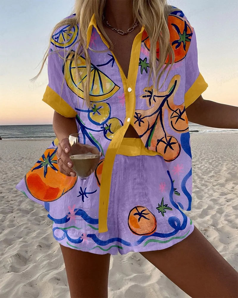 Summer Hot Style Print Beach Holiday 2-Piece Set Women Short Sleeve Shirt Top Wide Legs Short Women's Oversized Two-Piece Sets