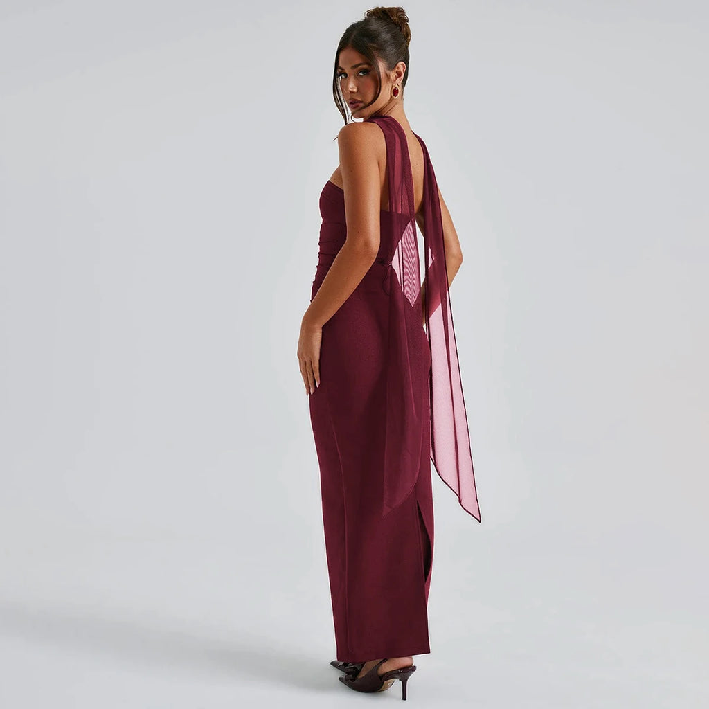 Hugcitar Elegant Scarf Strapless Solid Mesh Gloves Sexy Bodycon Maxi Prom Dress Women Fashion Y2K Outfits Wedding Party Birthday