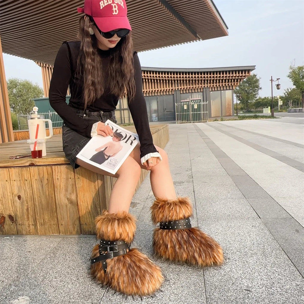 Winter Fur New Design Onepiece Raccoon FurFemale Snow Boots Fur shoes OutdoorMid Leg Boots y2k Cool Pink Girl