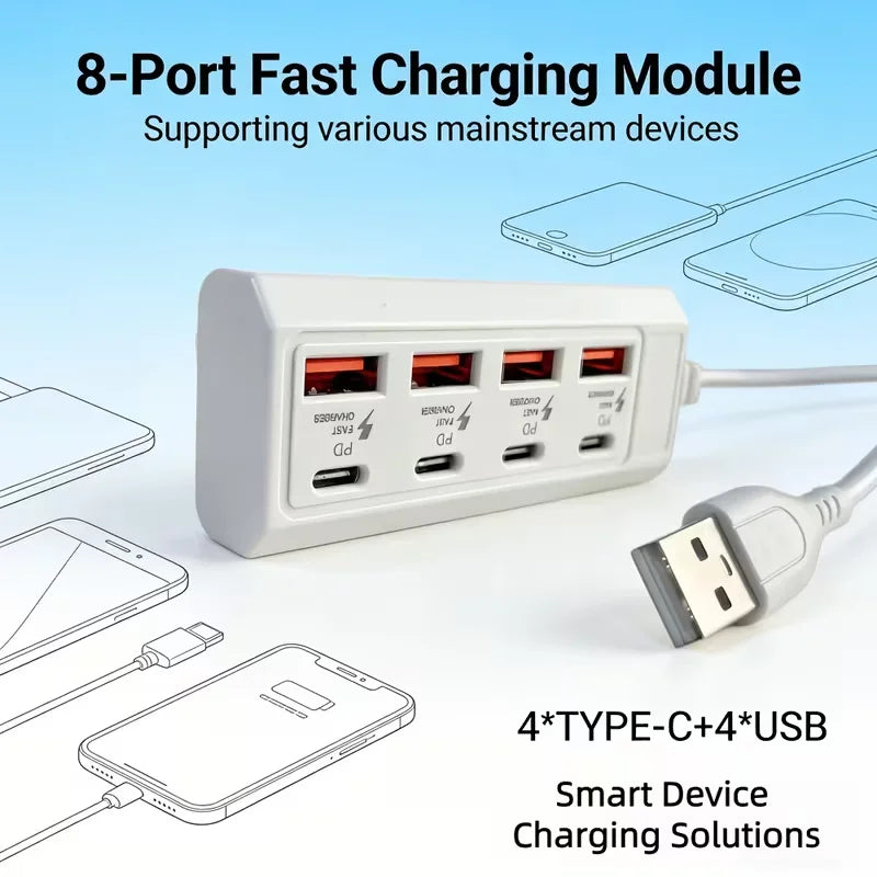 1/2 Piece USB Charging Port Adapter, 8-Port USB Charger with 25W 4C+4A Socket, Compatible with Laptops, Operating Voltage ≤36V,