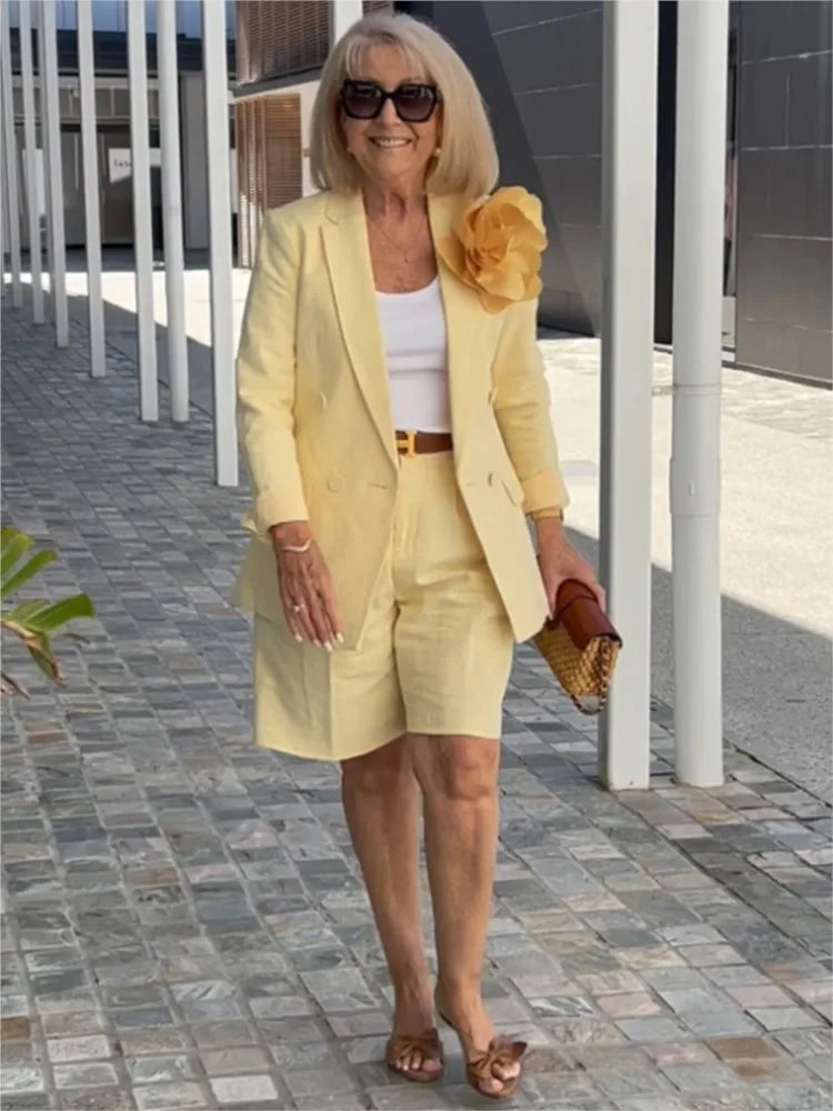 Summer New Solid Color Long Sleeve Shorts For Women's Suit Set Stylish Cardigan Female Office Suit 2 Piece Set