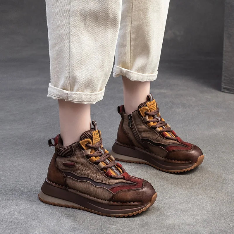 DRKANOL 2026 Women Boots Autumn Winter Mixed Colors Genuine Cow Leather Warm Ankle Boots Ladies High Top Casual Sneakers Shoes