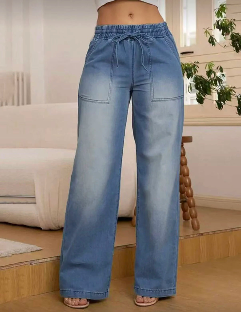 Elastic Waistband Drawstring Jeans with Pocket Elastic
