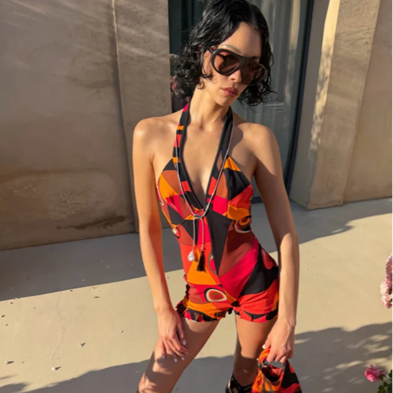 Sexy Print Women's Playsuit Beach Halter Backless Pleated Sleeveless V-neck Jumpsuit Women 2026 Summer Vacation Lady New