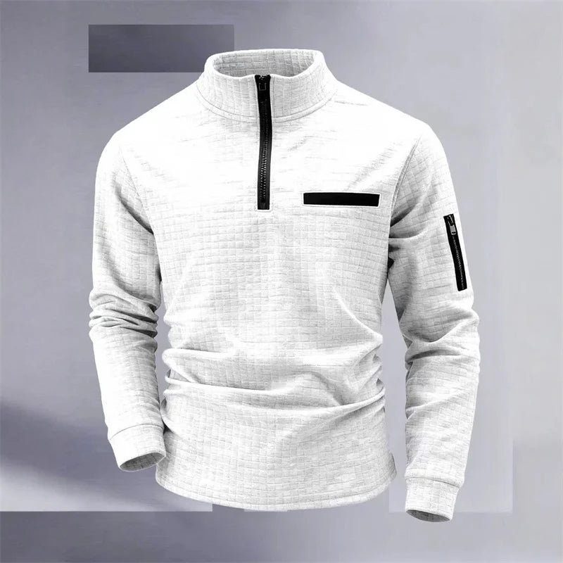 New men's athletic polo shirt, vintage striped design with half-zip closure, slim fit, stylish outdoor long-sleeved casual top.