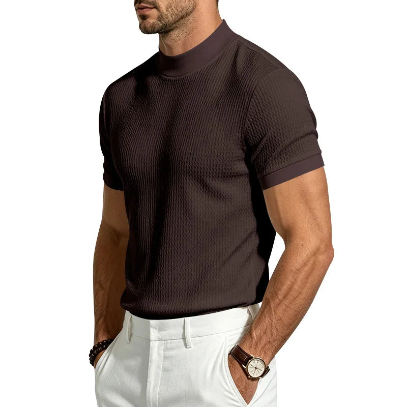 Men Summer Solid Jacquard Textured Mock Neck Short Sleeve T Shirt Slim Fit Simple Versatile Casual Daily Male Basic Tees