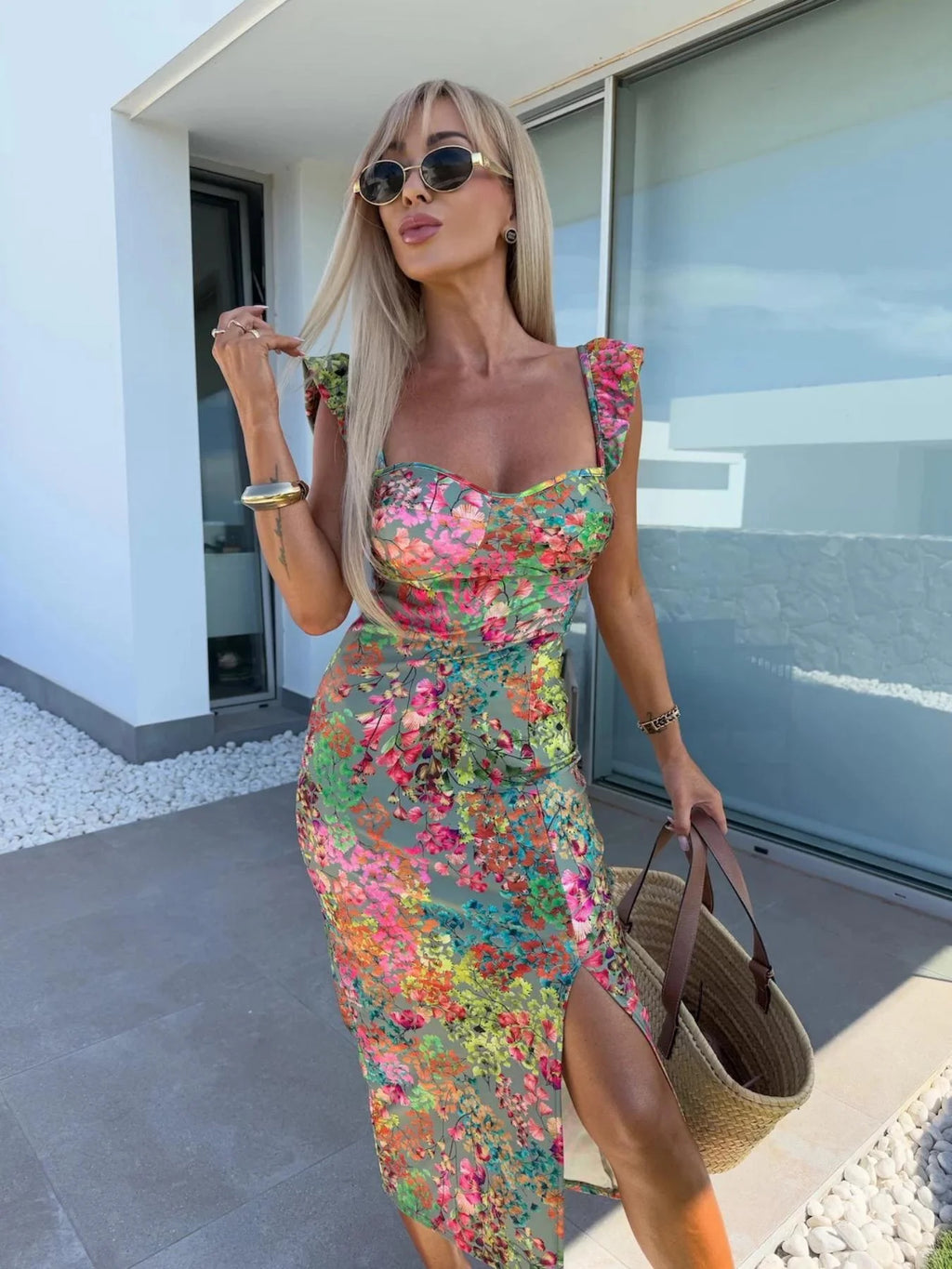 New European and American Summer Elegant Design French Flower Suspender Slit Midi-Length Ladies Dress