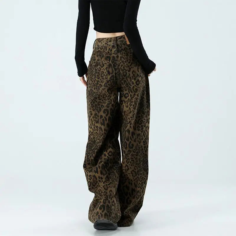 Womens Leopard Print High Waisted Y2K Denim Wide Leg Pants Casual Loose Streetwear Vintage Trousers with Pockets Daily WearK