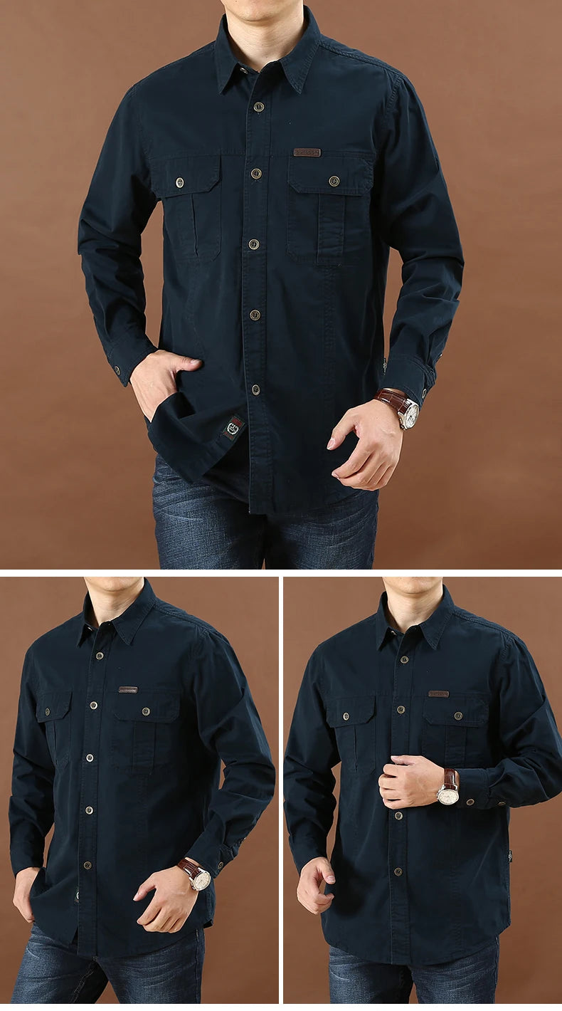 100% Cotton High Quality Spring Fall Fashion Men's Long-Sleeve Solid Color Casual Shirt Multi Pocket 6XL Large Size Cargo Jacket