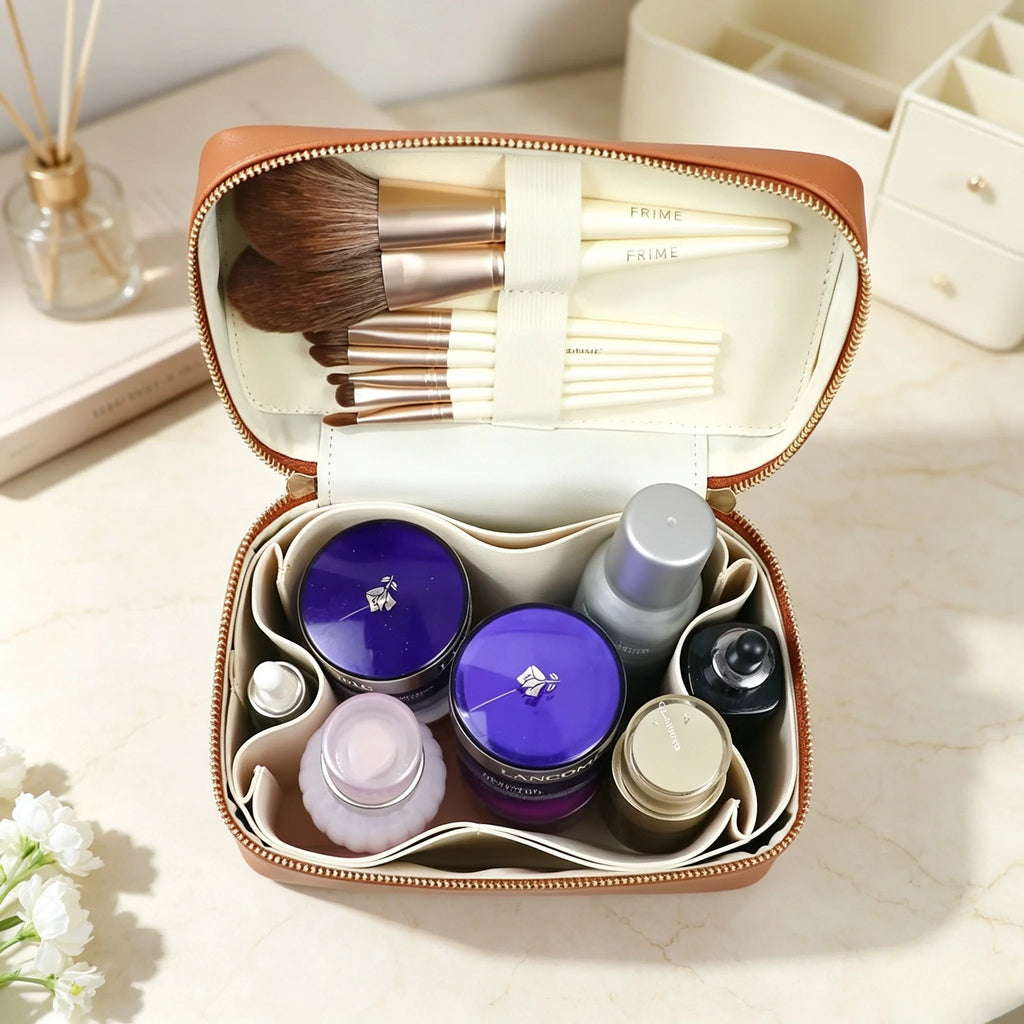 Customized Name PU Leather Cosmetic Bag with Zoned Storage and Large Capacity Travel Toiletry Bag for Autumn Winter New Arrivals