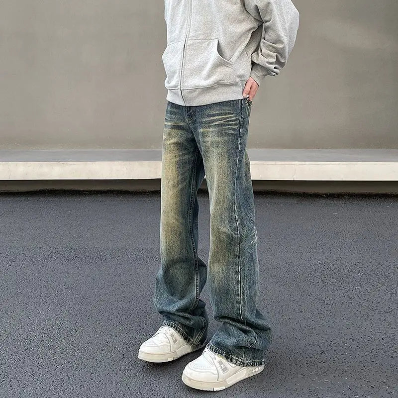 Mens Vintage Washed Distressed Loose Flare Denim Jeans