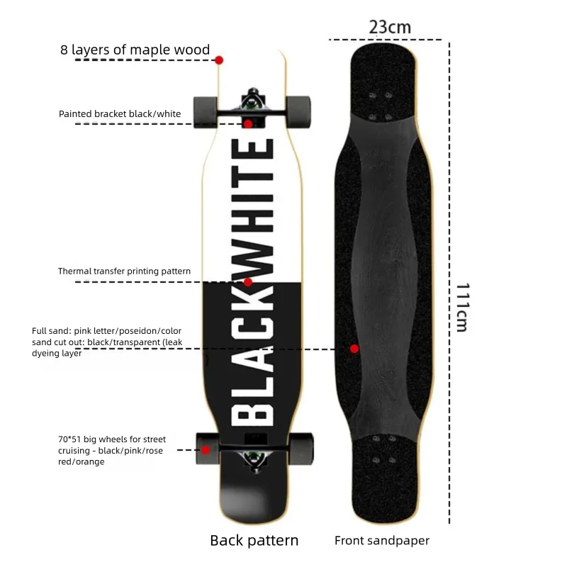 44-inch longboard skateboard for beginners, men, women, adults, professional double-kick dance board, youth maple wood four-whee