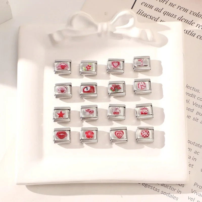 Fashion Red Series Heart Flower Bowknot Cherry Women Men Charm Link fit 9mm Stainless Steel Italian Bracelet Making DIY Jewelry