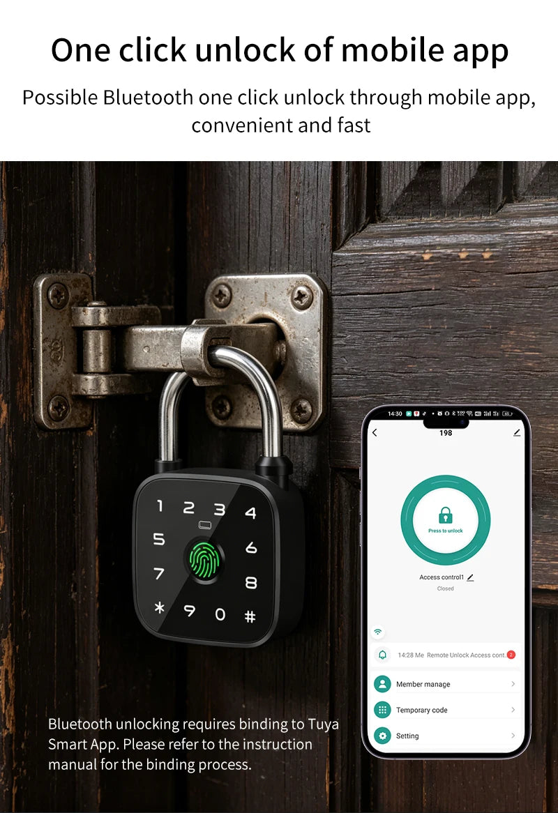 IP67 Smart Padlock Support Tuya App Fingerprint Password RFID Card Key Unlock Type-C Charging Multi-function Anti-theft Lock