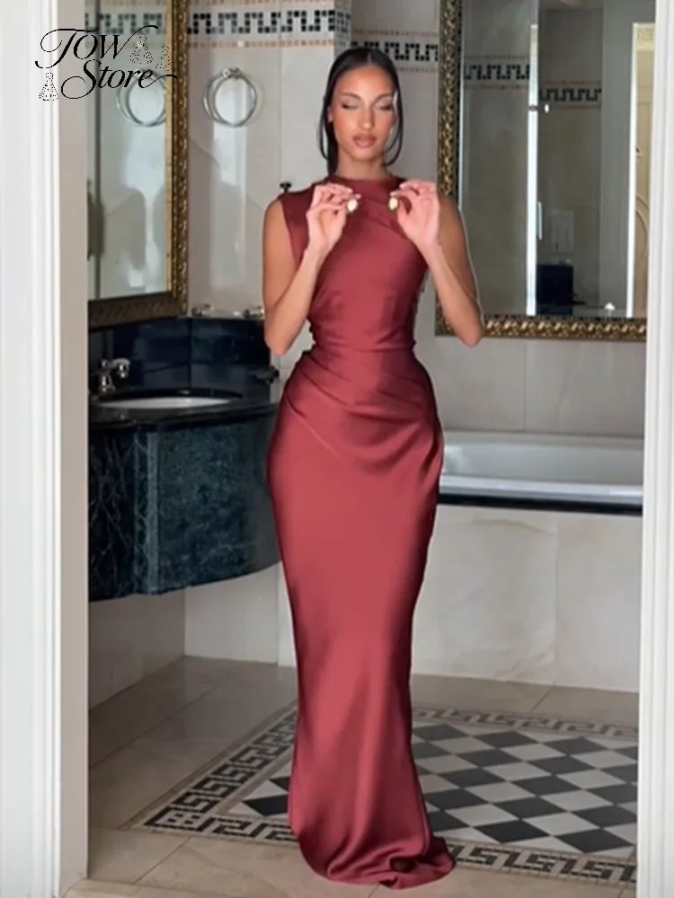 Solid Satin Cowl Neck Women's Dress Elegant Sleeveless Ruched Waist Fishtail Bodycon Lady Vestido 2026 Summer Party Dresses