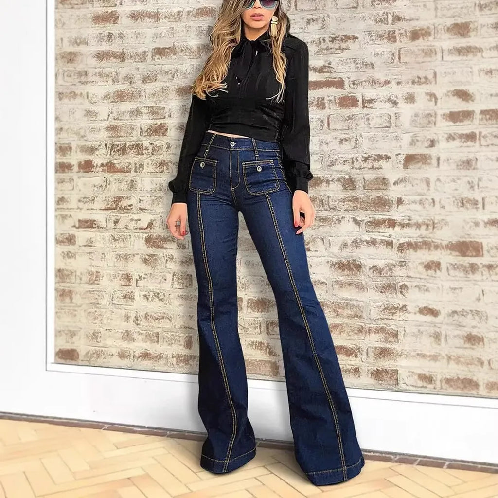 High Waist Flared Jeans Street with Flared Leg Stretchy Patchwork Long Pants Spring Sexy American and European Style Women Jeans