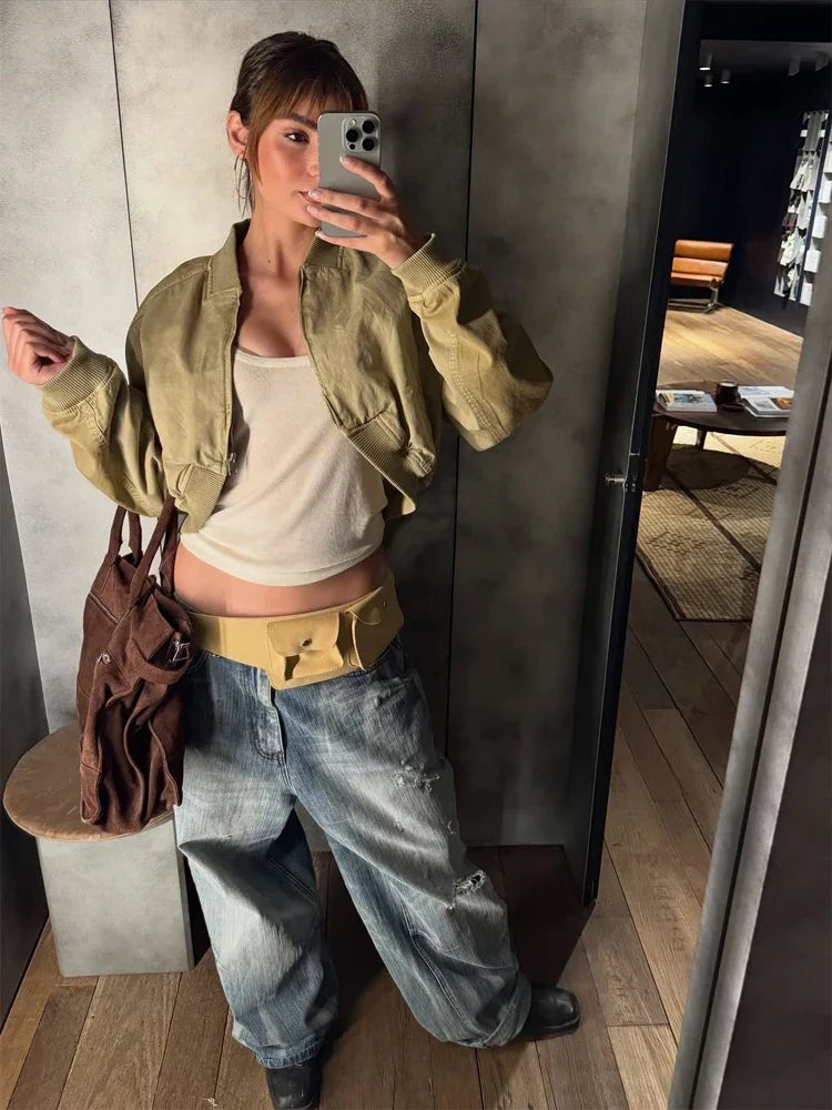 Chic Khaki Lapel Collar Zip Closure Jackets Pocket Detail Long Sleeve Cropped Bomber Streetwear Lady Casual Daily Y2k Outfit