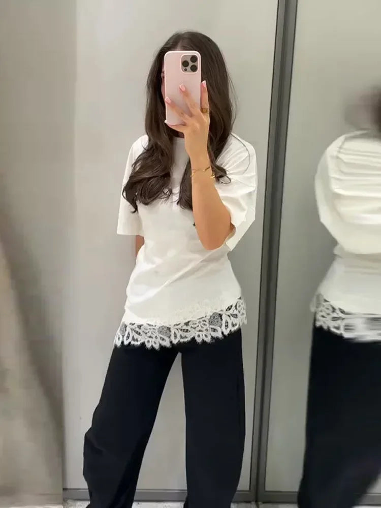 Elegant Satin Lace Patchwork Top Women Casual O-neck Loose Long Sleeves Strappy Female Shirt 2026 Spring Lady Fashion T-shirt