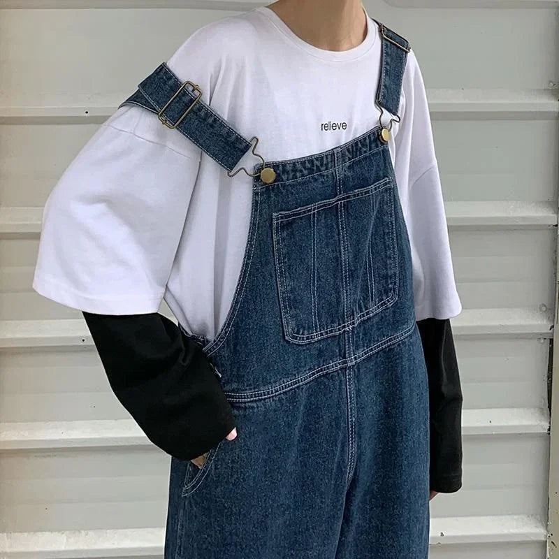 Korean Loose Denim Overalls Women Spring Autumn Straight Wide Leg Jeans Vintage Suspenders Maxi Baggy Jumpsuits Men Woman S-5XL