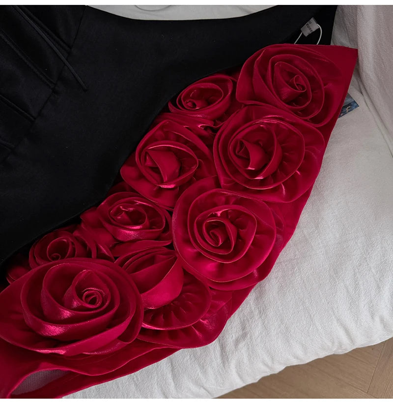 Women's Sweet Slash Neck Sleeveless Slim Waist Short Mini Dress French Retro 3D Rose Birthday Dress Spicy Girl Floral Bud Dress