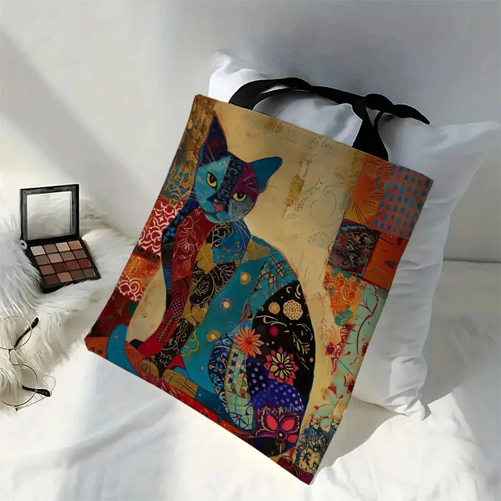 1/5/10pcs Floral Cat Pattern Tote Bag, Aesthetic Canvas School Shoulder Bag, Lightweight Grocery Shopping Bag