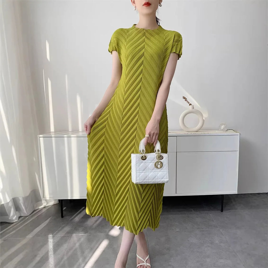 Miyake Handmade Pleated Dress Women's 2026 Spring New Solid Color Half-high Collar Sleeves Pullover Elegant Pleated Skirt