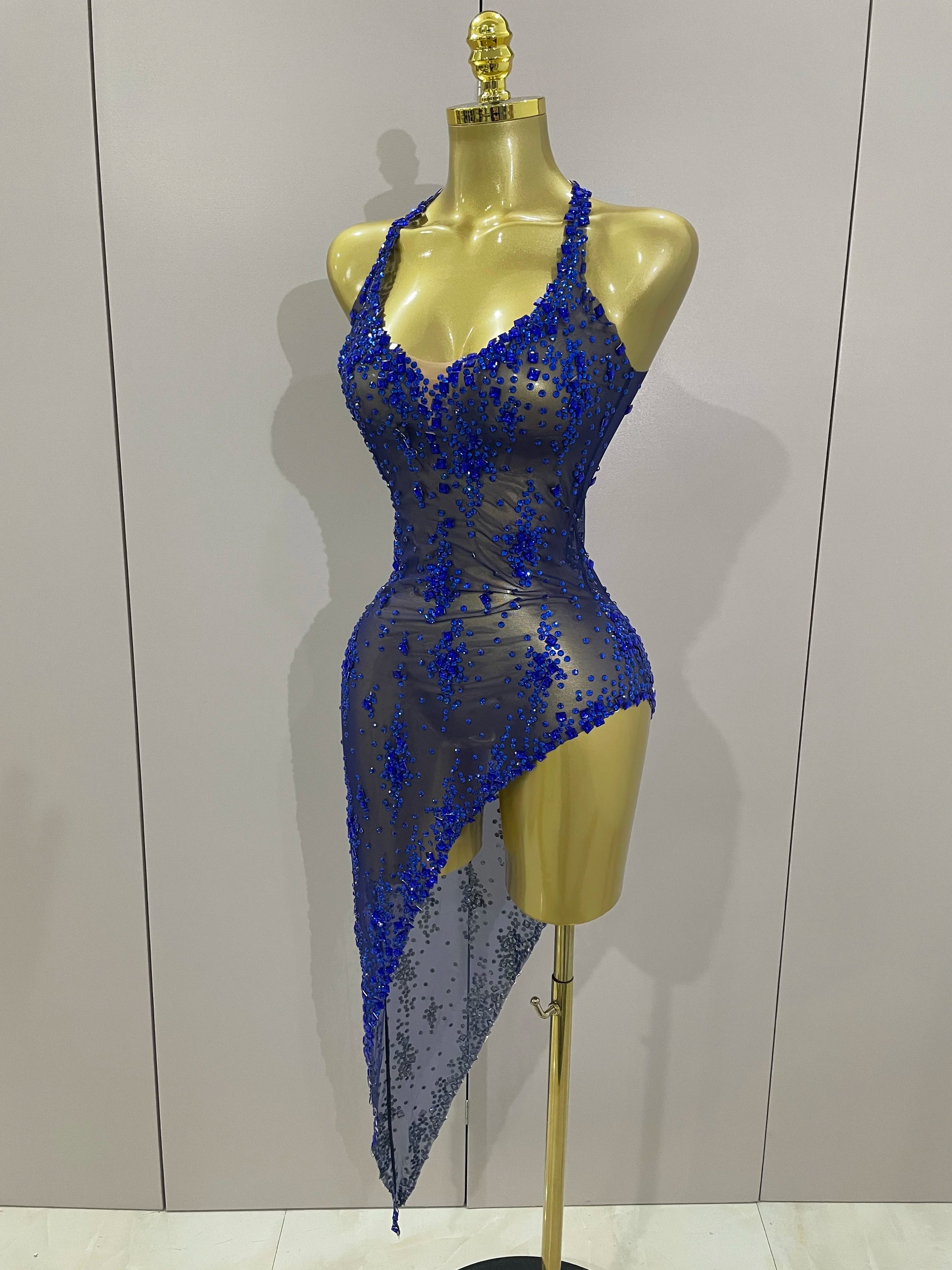 2025 New Sparkly Rhinestone V Neck Stretch Mesh Sexy See Through Dress Women Elegant Party Celebrate Perform Costume Stage Outfi