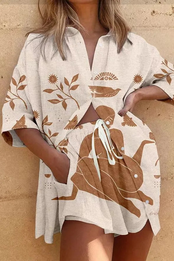 Fashion Print Beach Holiday Set For Women Summer New Short Sleeve Buttoned Shirt Wide Legs Shorts Oversized Two Piece Set