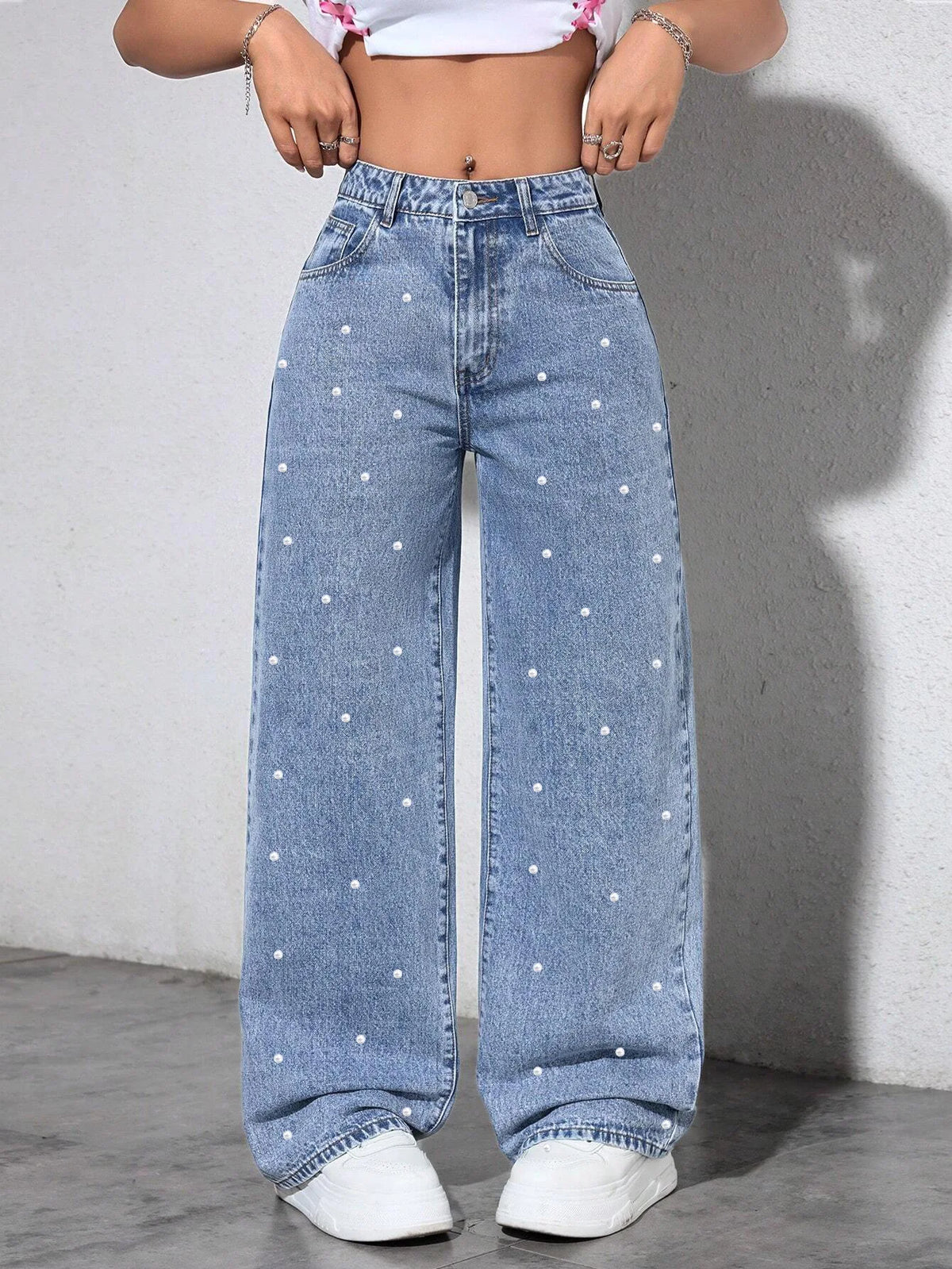 Fashionable Casual Rhinestone Frayed Straight Leg Jeans Women's Long Pants Cotton Natural Waist Comfortable Fit Spring Season