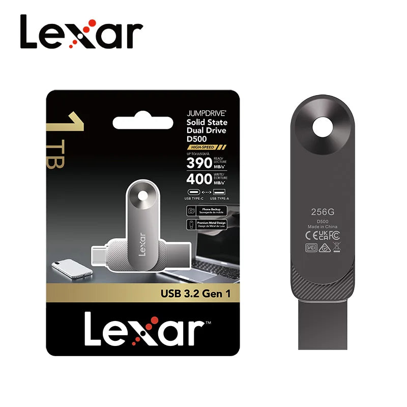 Lexar USB 3.2 Type-C and Type-A Flash Drive Metal Pendrive 128GB 256GB 512GB 1TB Max 400Mb/s U Disk for Xiaomi Huawei iPhone 15