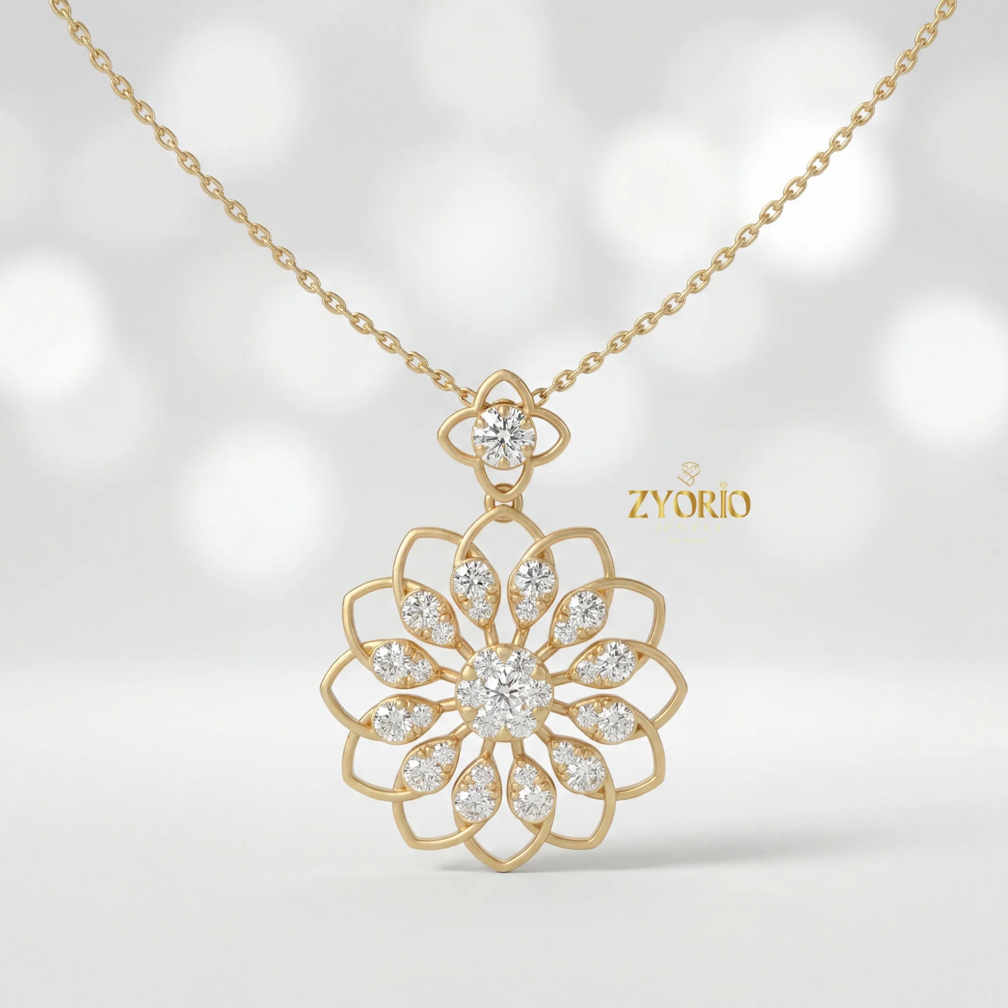 Women's Luxury Gold Floral Bloom Diamond Pendant Sterling Silver Gold Plated Chain Sparkling Wedding Jewelry