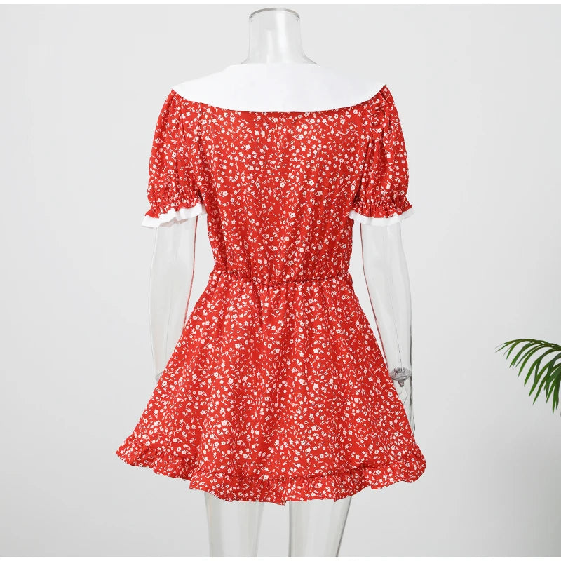 Red Floral Print Peter Pan Collar Dress Women Puff Sleeve V-neck High Waist A-line Mini Dresses Lady Evening Dinner Vestido 2026
