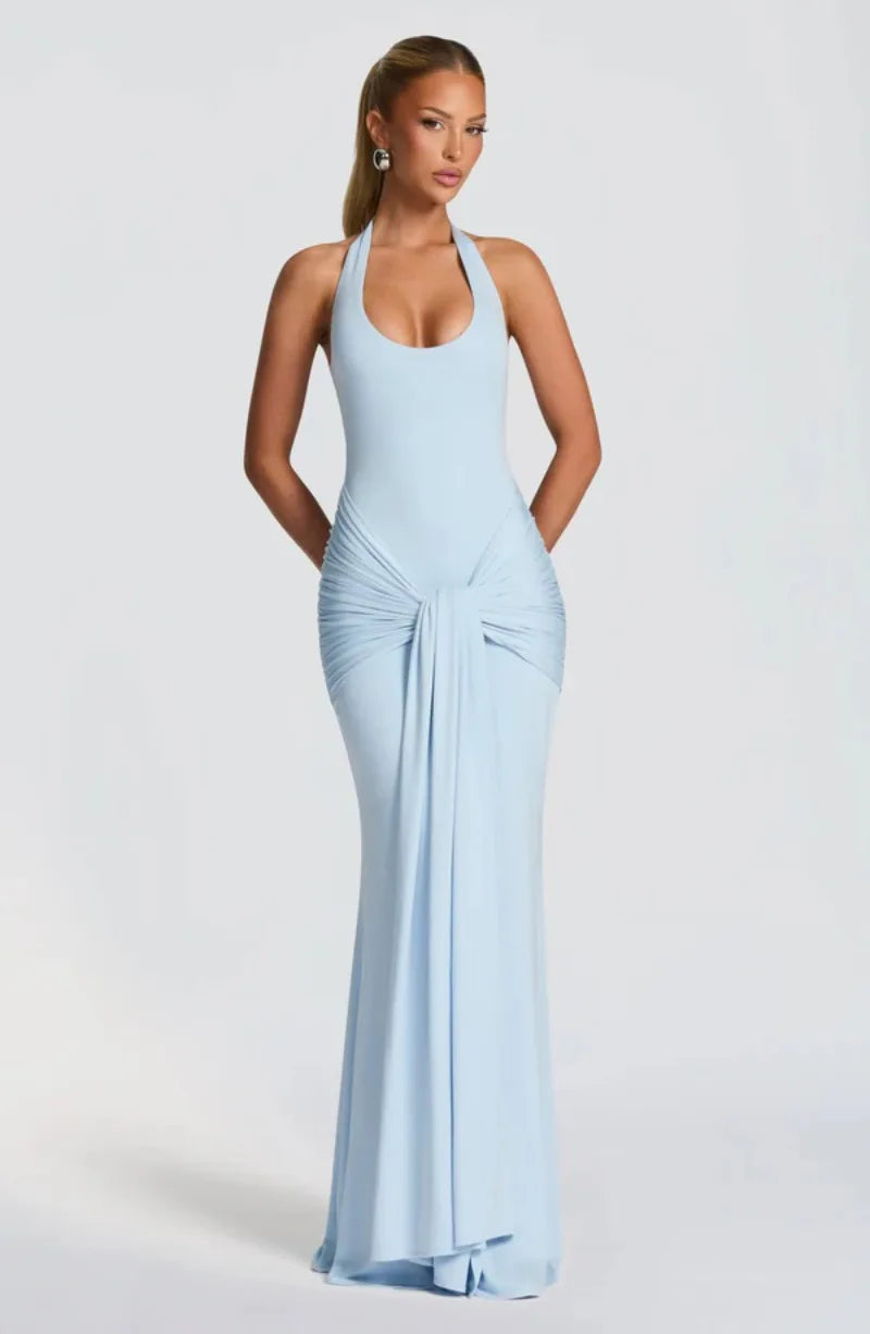 Summer Elegant Evening Dress Women Halter Neck Sleeveless Draped Mermaid Prom Gown Civil Wedding Engagement Party Dress