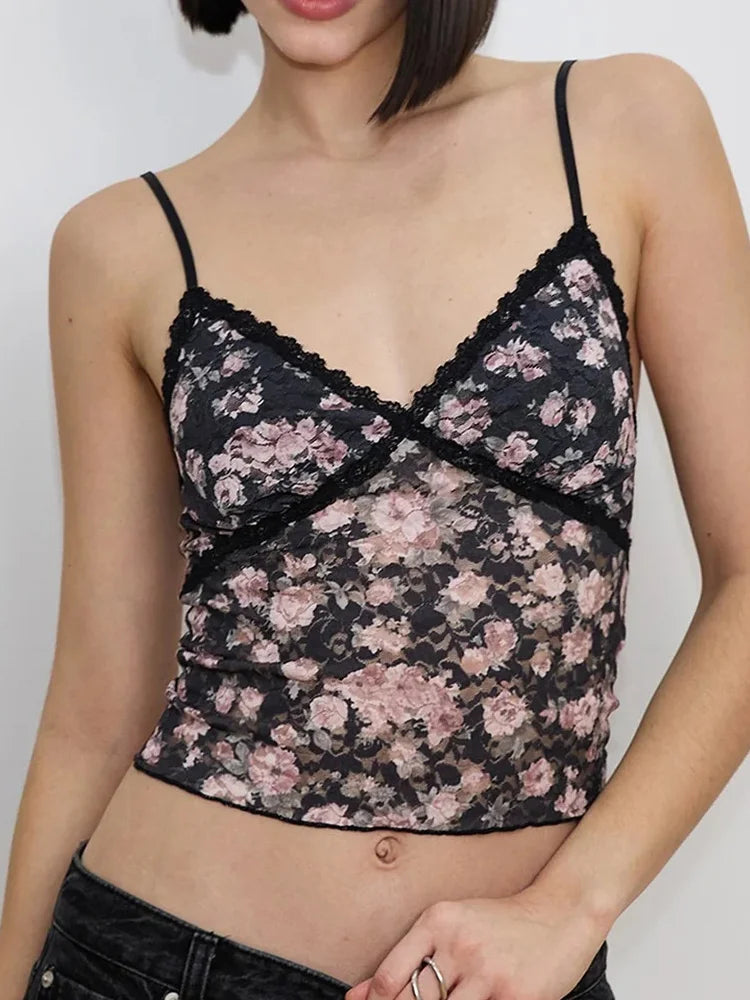 Summer women's retro floral vest with lace trim, V-neck adjustable sexy short vest, suitable for daily street casual Y2K vest