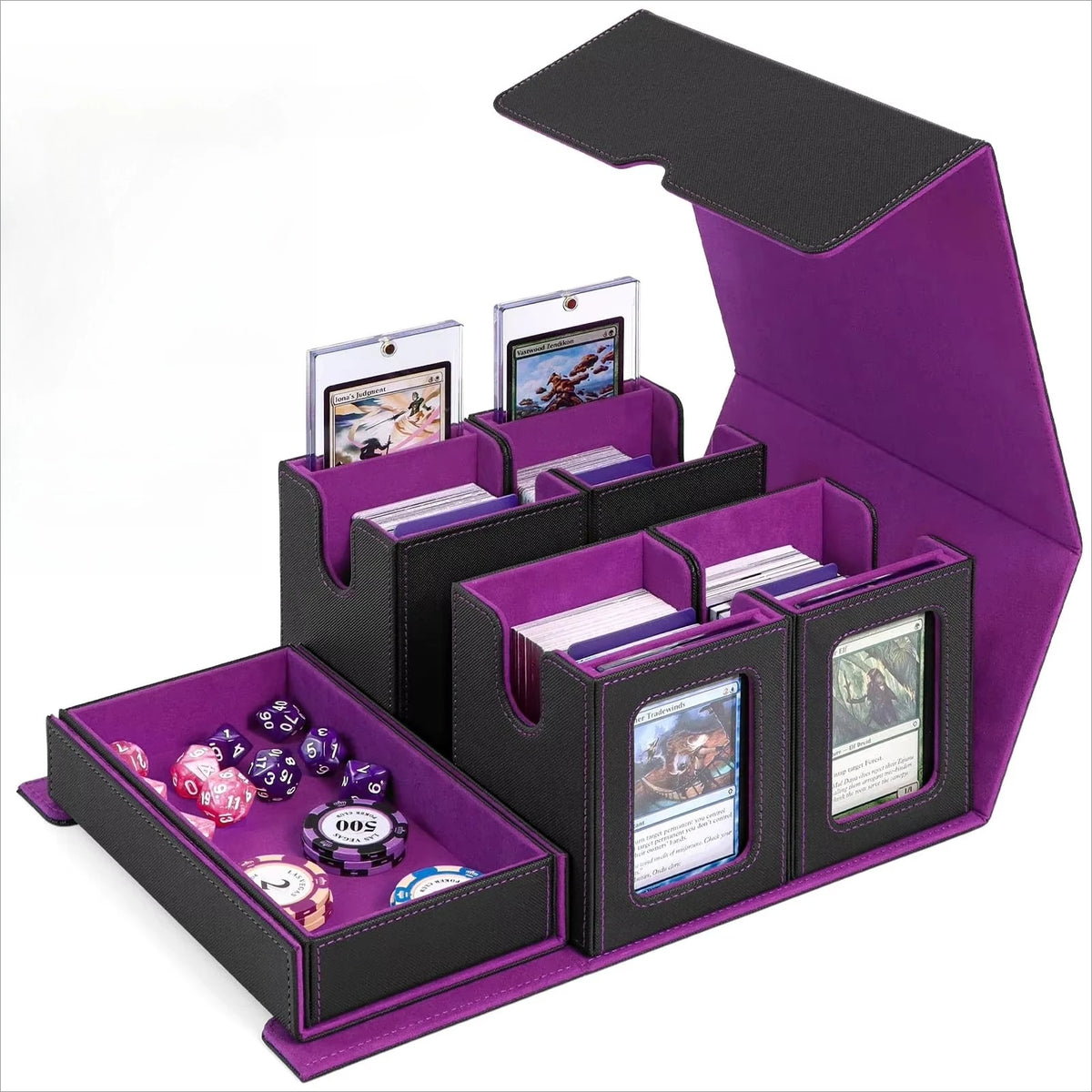 Commander Deck Box for MTG, Trading Card Storage Box Fits 400+ Double-Sleeved Cards, 5-IN-1 Multi-purpose Removable Deck Case with Dice Tray, Display Window for TCG/Sports Card