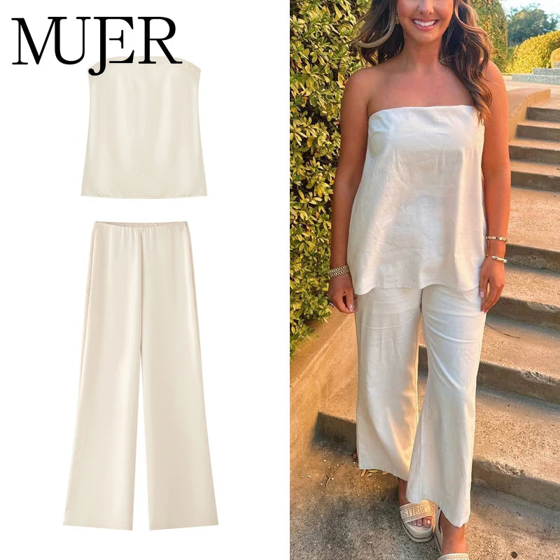 MUJER Women's Pants Sets off Shoulder Crop Top Woman Satin High Waist Pants Sets for Women 2 Pieces Summer Outfit Woman Trousers