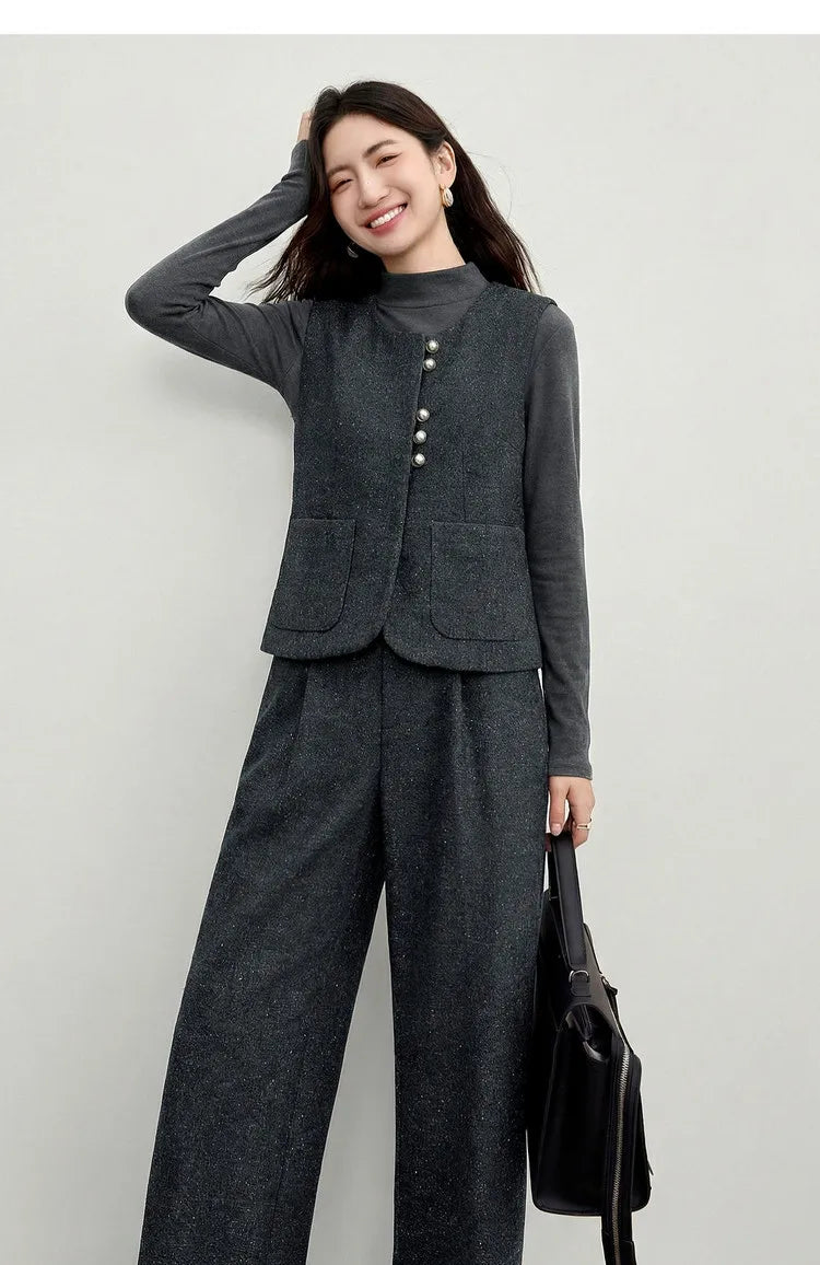 SENTUBILA Women's 2 Piece Pants Set 2026 New O Neck Waistcoat Straight Pant Winter Office Lady Wool Blend Female Suit 154ZA6093