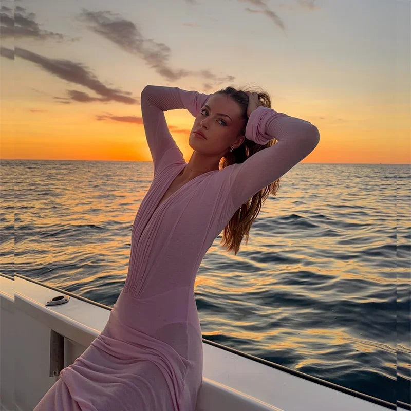 Luxury See Through Mesh Bodycon Maxi Dress For Women Lady Long Flared Cuff Deep V Neck Pleated Beach Holiday Evening Party Gown