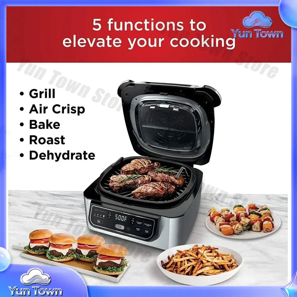5-in-1 Indoor Electric Grill for Air Fryer Roast Bake Dehydrate Programmable Kitchen Appliance for Home Cooking Black Silver