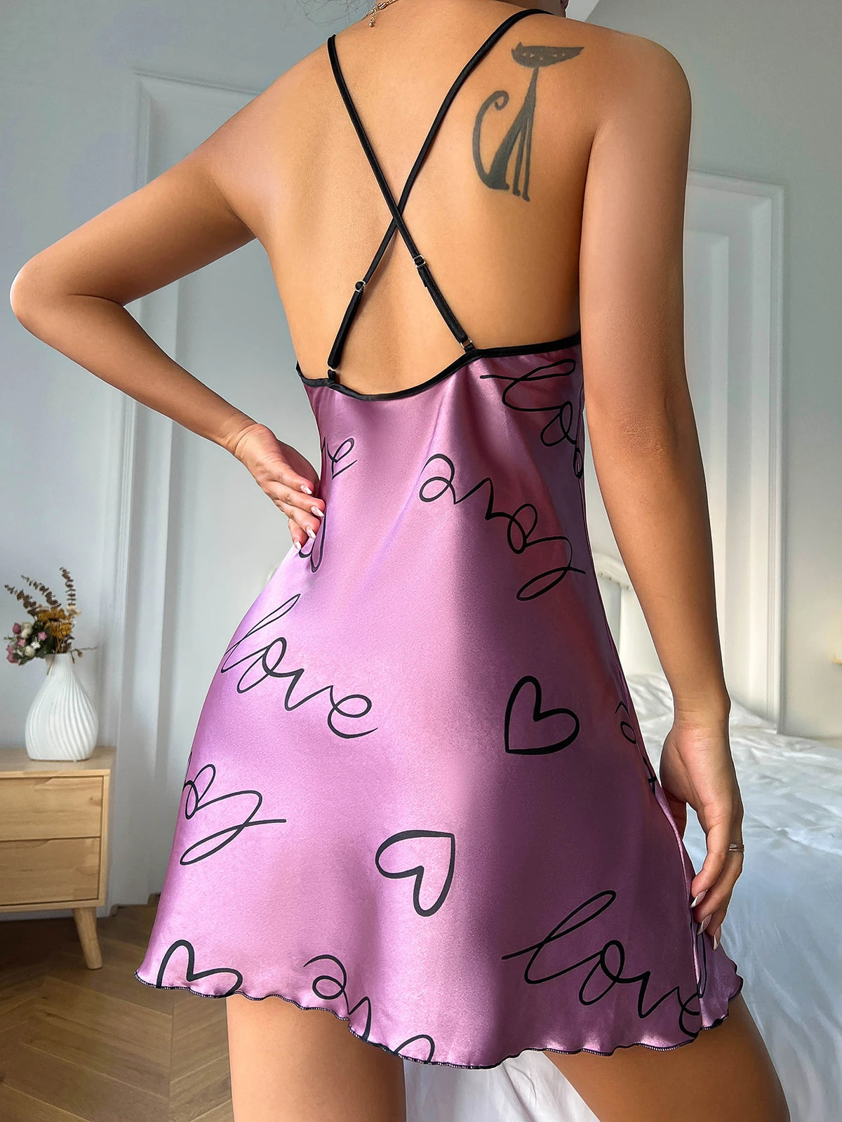 Heart Letter Print Nightdress Casual Round Neck Spaghetti Strap Sleep Dress Women's Sleepwear Dresses