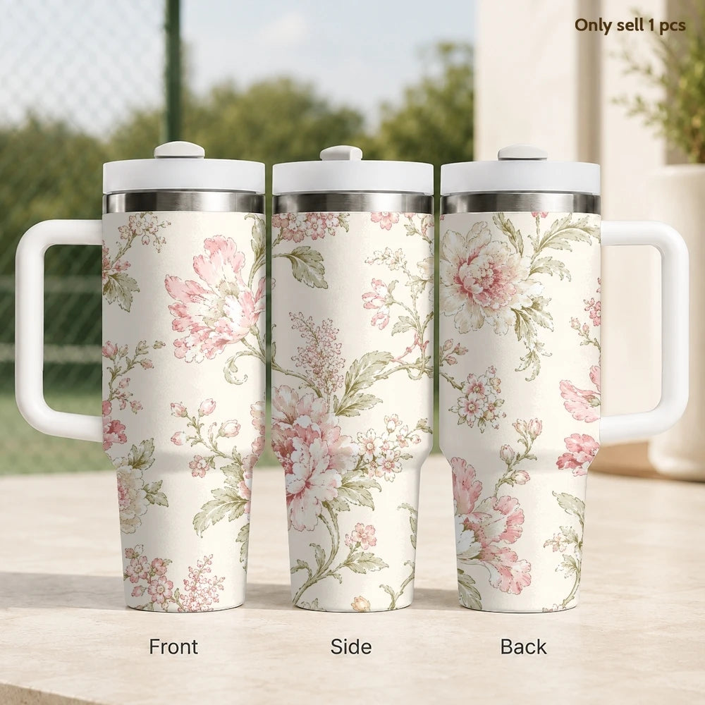 Floral Seamless Patterns Vacuum Flasks 40oz Stainless Steel Insulated Tumbler With Handle & Straw Leakproof Travel Mug