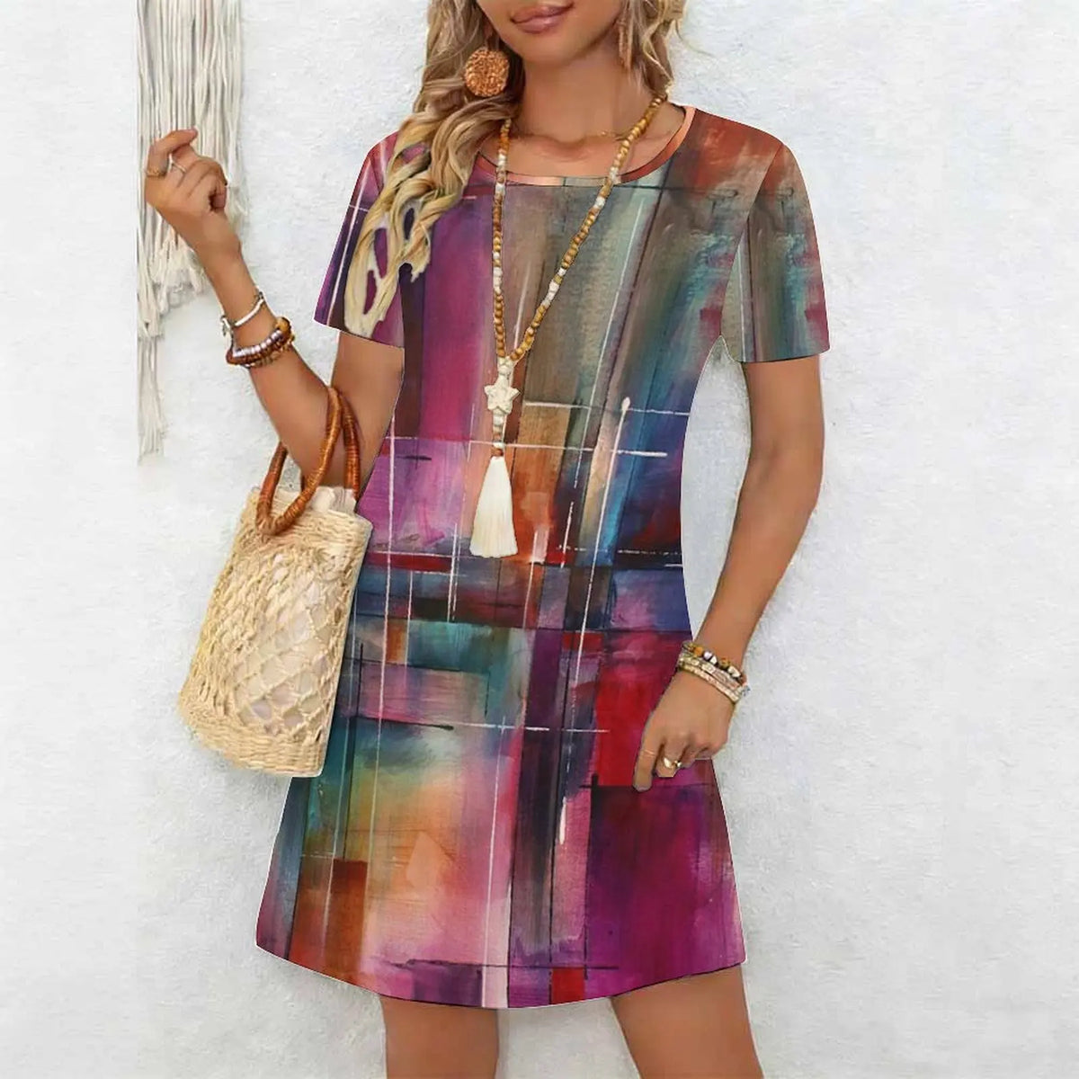 Women's Classic Leopard Print Short Sleeve Round Neck Midi Dress Loose Casual A Line Daily Wear Dress