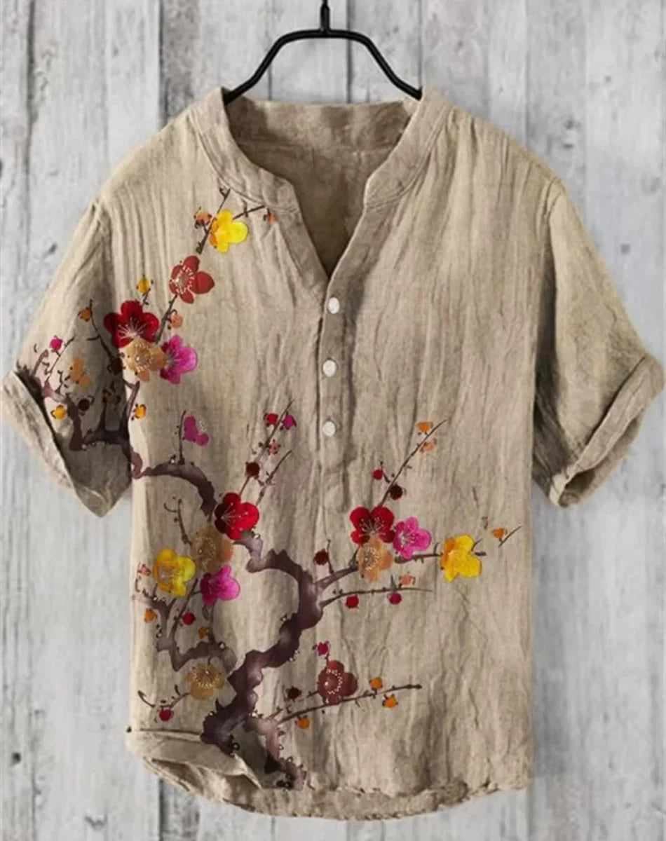 Hot sale Henry shirt 2025 summer men's casual short-sleeved T-shirt floral print top linen blend comfortable fabric XS-6XL size