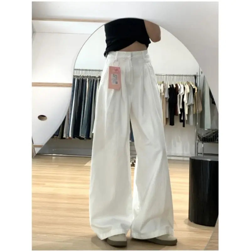New Simple Basic Slim Women Jeans Casual Loose Fashion Street Woman Jeans Autumn High Waisted White Wide Leg Pants Female Chic