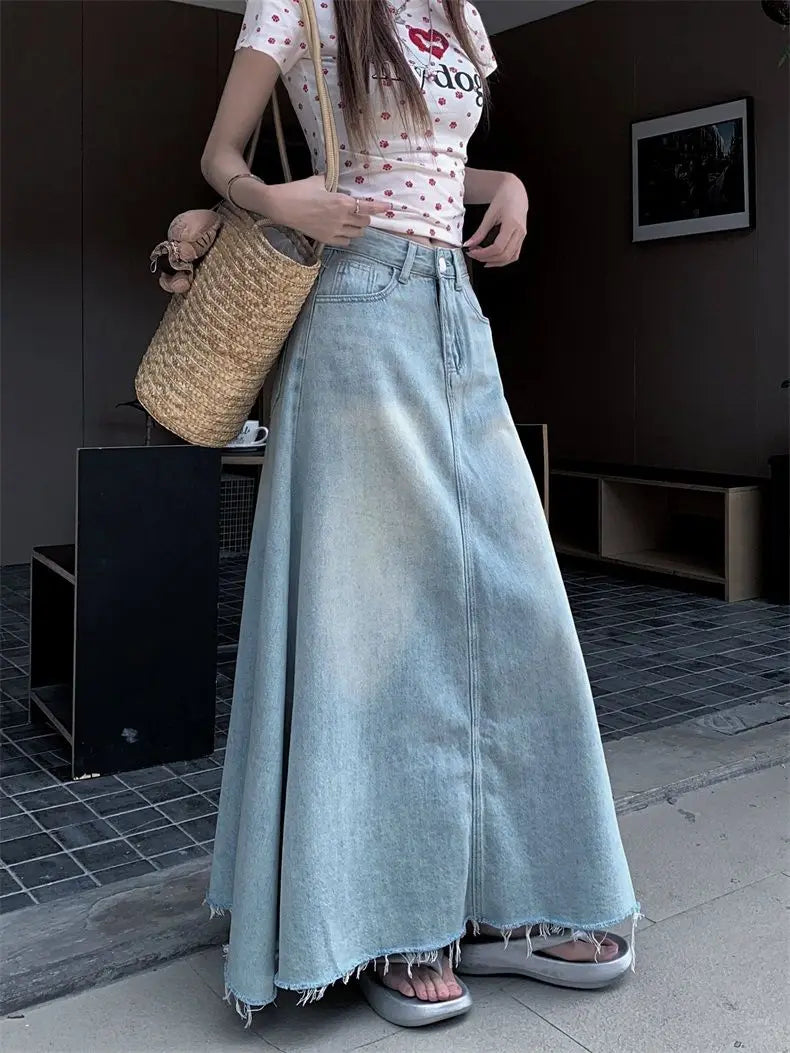 Retro High Waist Washed Denim Mini Skirt for Women plus Size Summer Fashionable Slimming Belly Covering Skirts